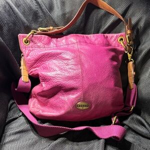 Fossil Magenta Leather Shoulder Bag